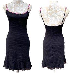 vtg Betsey Johnson size M y2k whimsical goth black stretch slip dress swiss dot